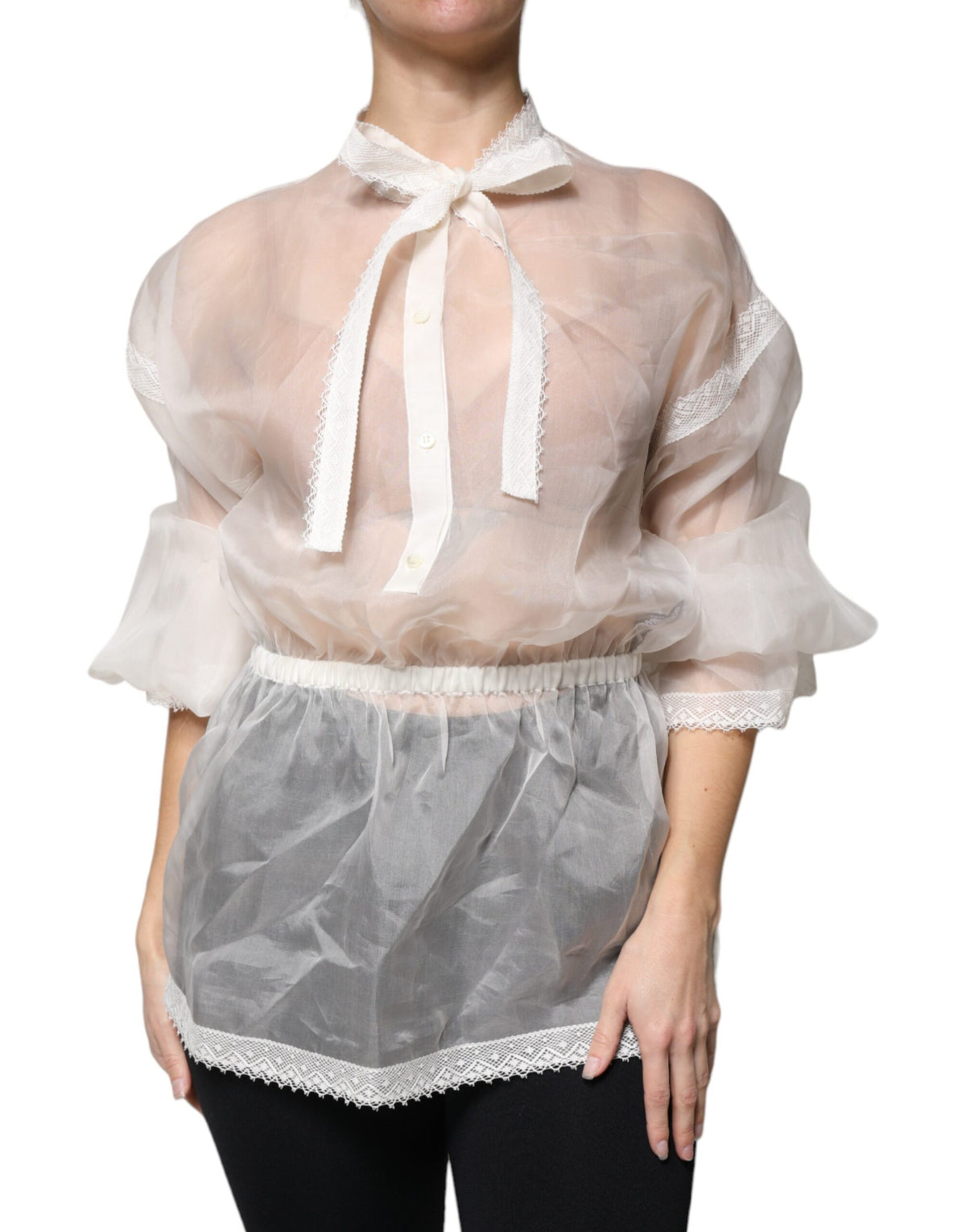 Dolce & Gabbana Weißes Blusentop mit Ascot-Kragen und langen Ärmeln