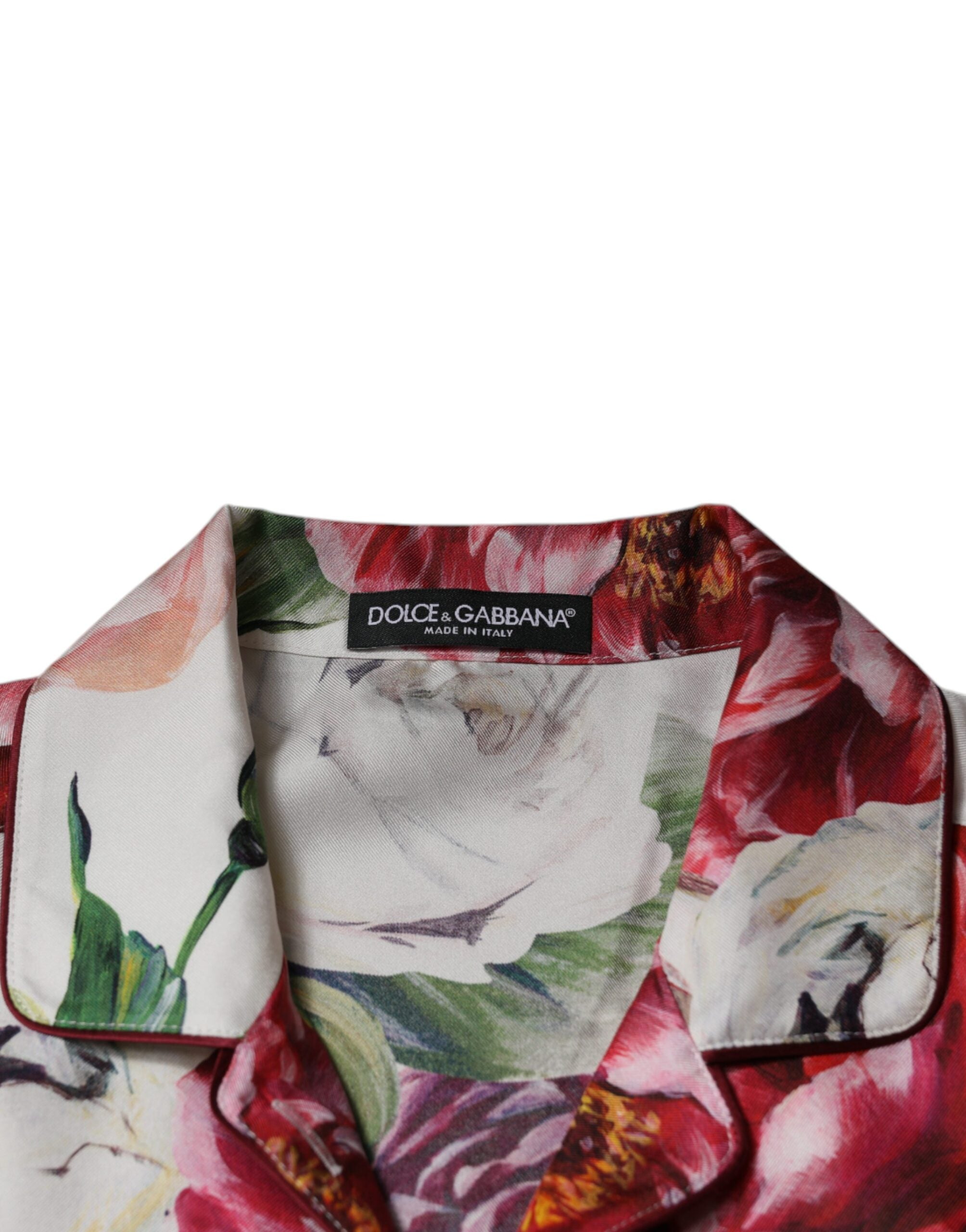 Dolce & Gabbana Weißes Pfingstrose Seide Langärmeliges Blusenoberteil mit Kragen