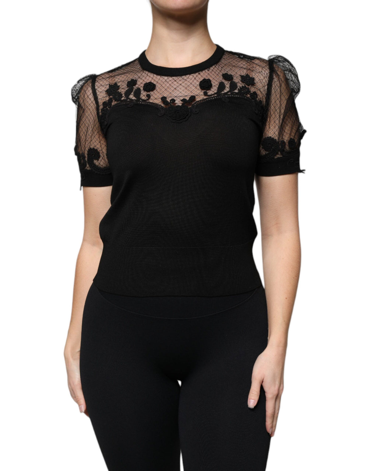 Dolce & Gabbana Schwarzes Blusentop mit floraler Spitze und kurzen Ärmeln