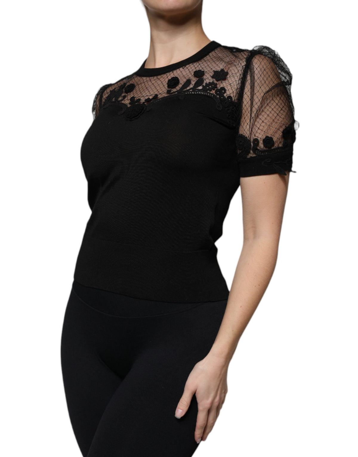Dolce & Gabbana Schwarzes Blusentop mit floraler Spitze und kurzen Ärmeln