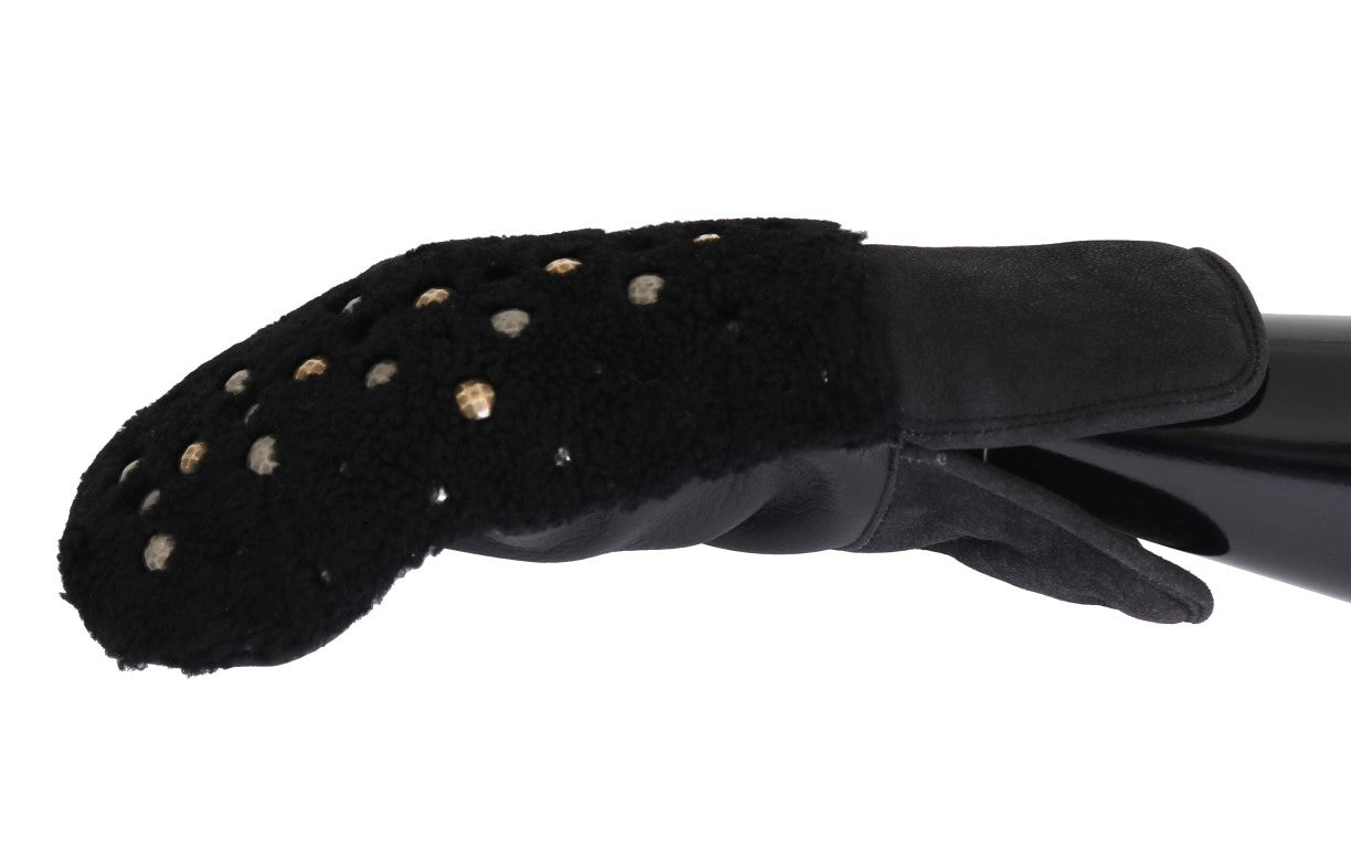 Dolce & Gabbana Schwarze Leder-Shearling-Handschuhe mit Nieten