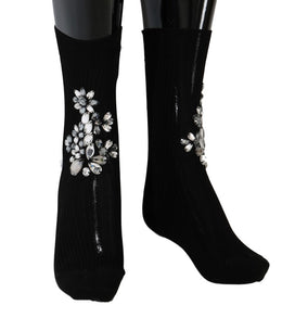 Dolce & Gabbana Schwarz gestrickt Floral Clear Crystal Socken