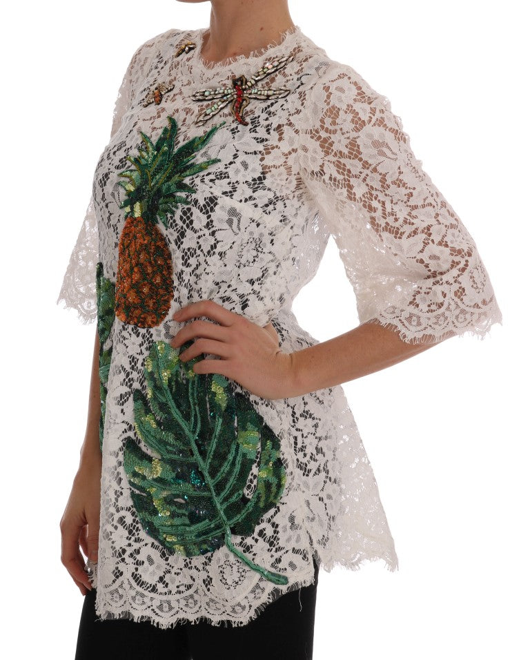 Dolce & Gabbana Weiße Bluse aus kristallbesetzter Spitze