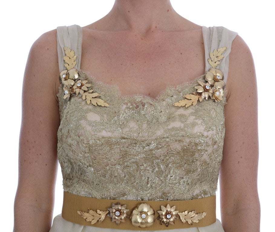 Dolce & Gabbana Goldfarbenes, kristallverziertes Seidenkleid