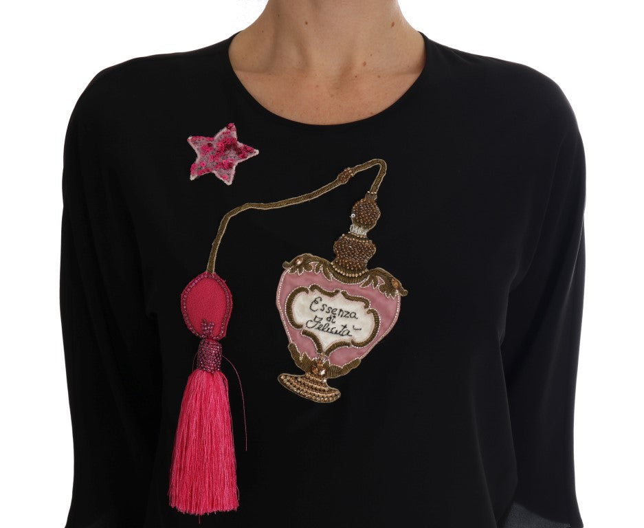 Dolce & Gabbana Schwarzes Seiden-Märchen-Top Kristallbluse