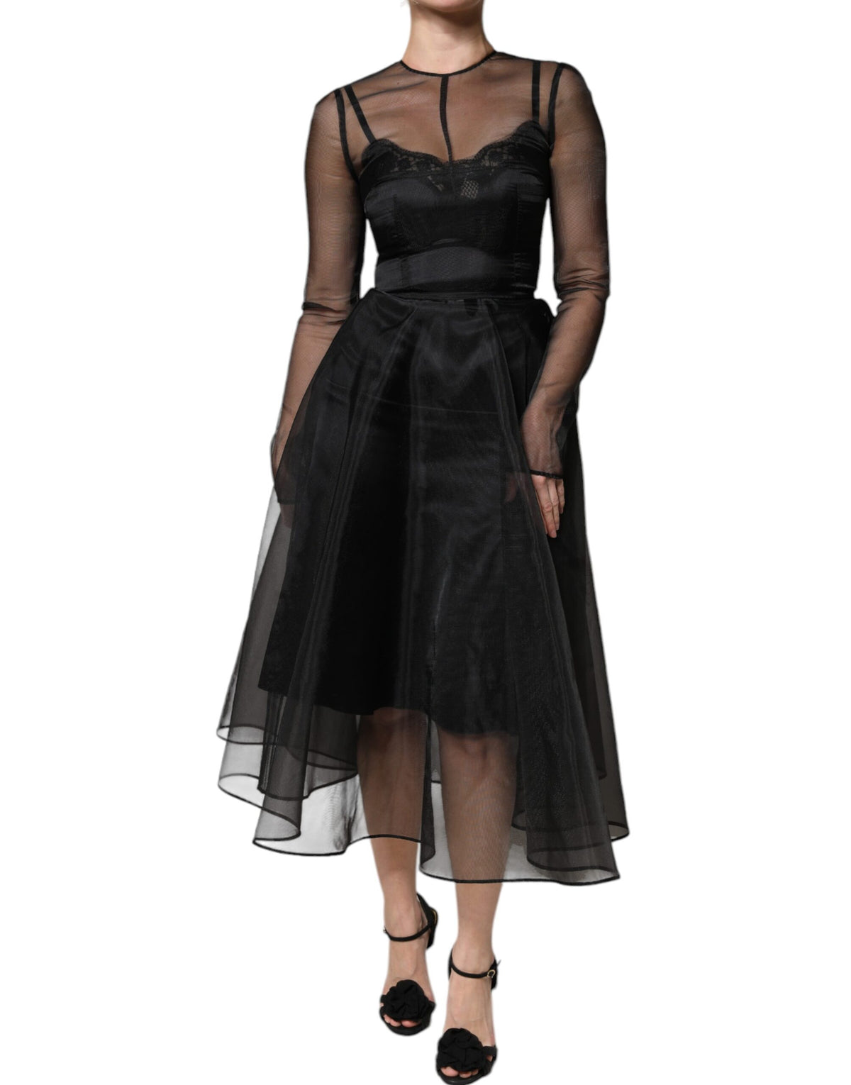 Dolce & Gabbana Schwarzes Tüll A-Linie Midi Cocktailkleid Kleid