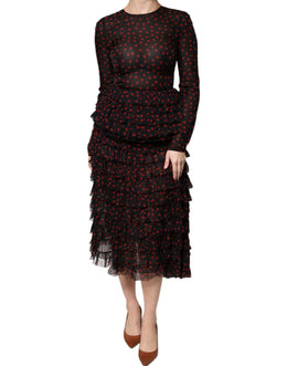 Dolce & Gabbana Schwarz-rot gepunktetes Midikleid aus Seide in Lagen