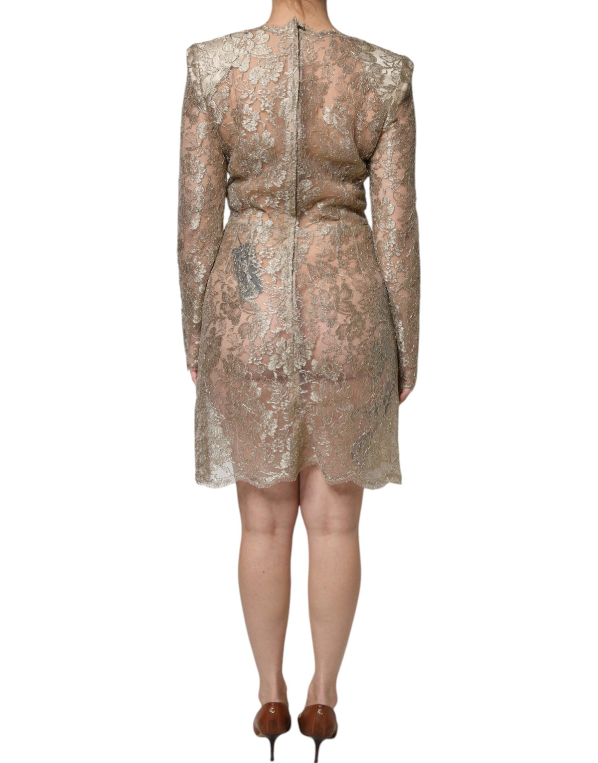 Dolce & Gabbana Goldfarbenes Minikleid mit floraler Spitze in A-Linie und Etui
