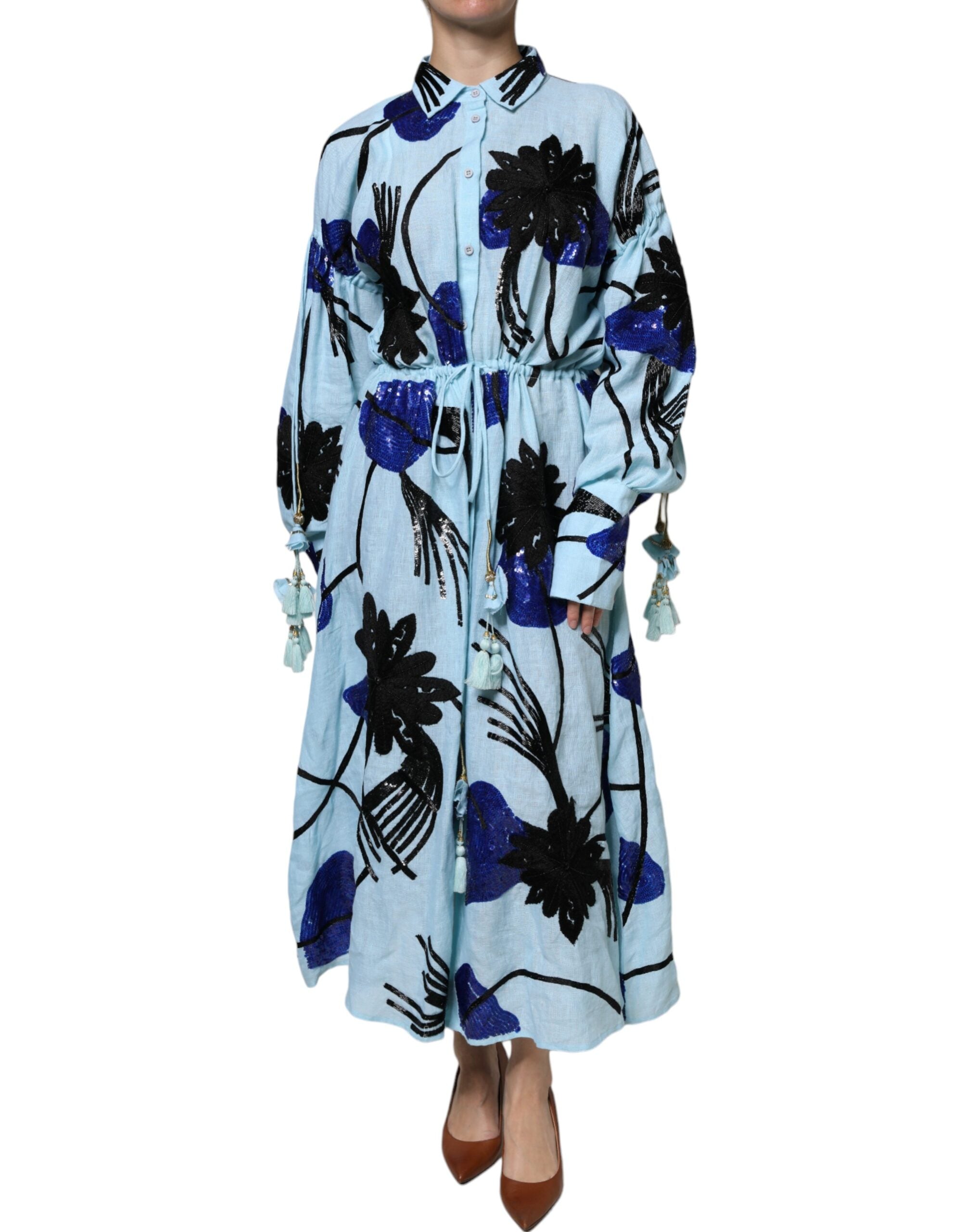 Christian Pellizzari Hellblaues Hemd-Maxikleid mit Blumenverzierung