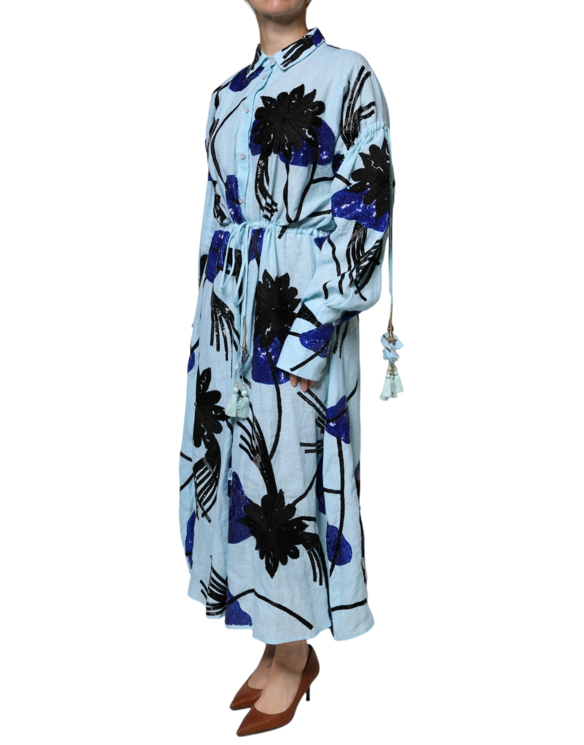Christian Pellizzari Hellblaues Hemd-Maxikleid mit Blumenverzierung