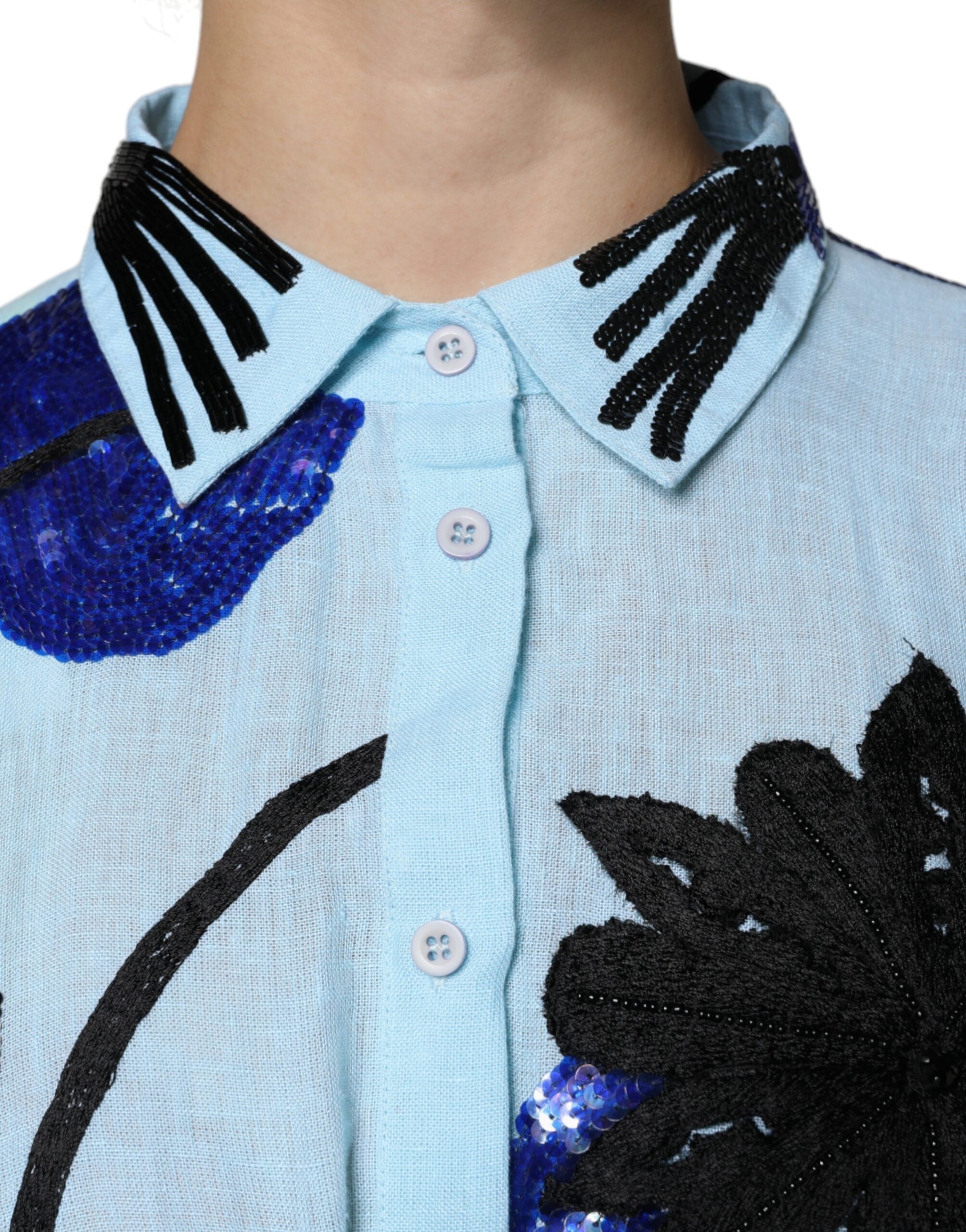 Christian Pellizzari Hellblaues Hemd-Maxikleid mit Blumenverzierung