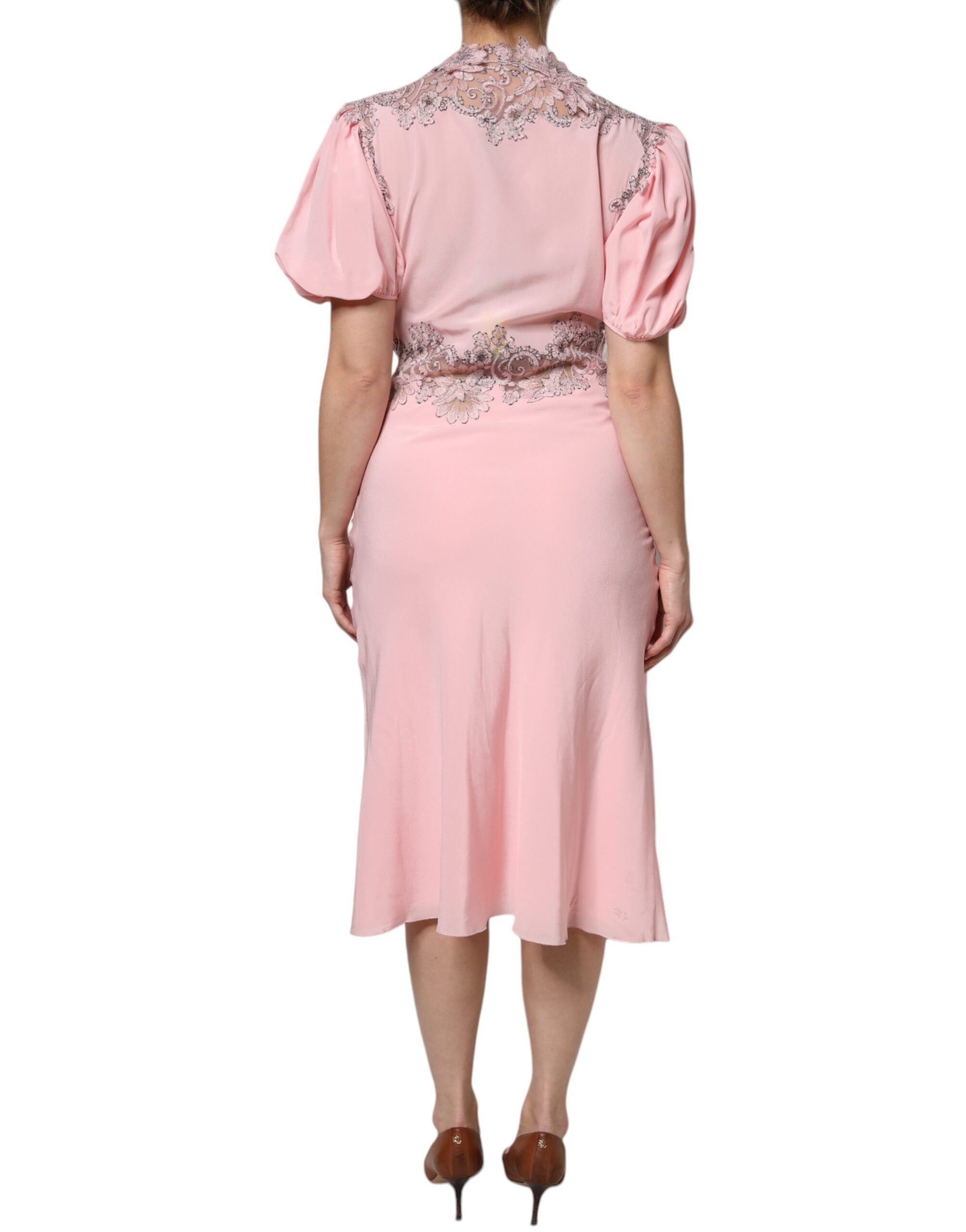 Ermanno Scervino Rosa geblümte Spitze mit kurzen Ärmeln und V-Ausschnitt Midikleid