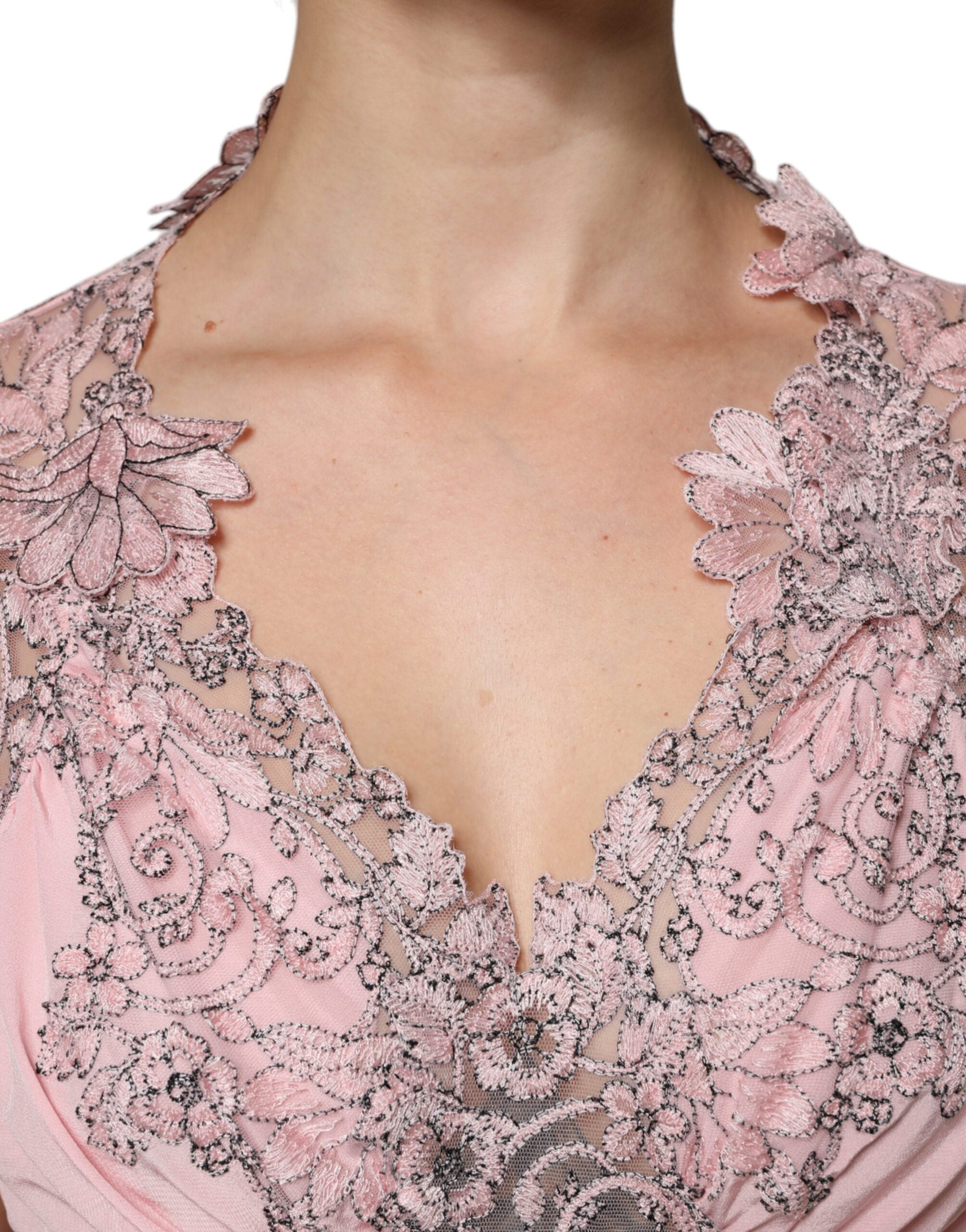 Ermanno Scervino Rosa geblümte Spitze mit kurzen Ärmeln und V-Ausschnitt Midikleid