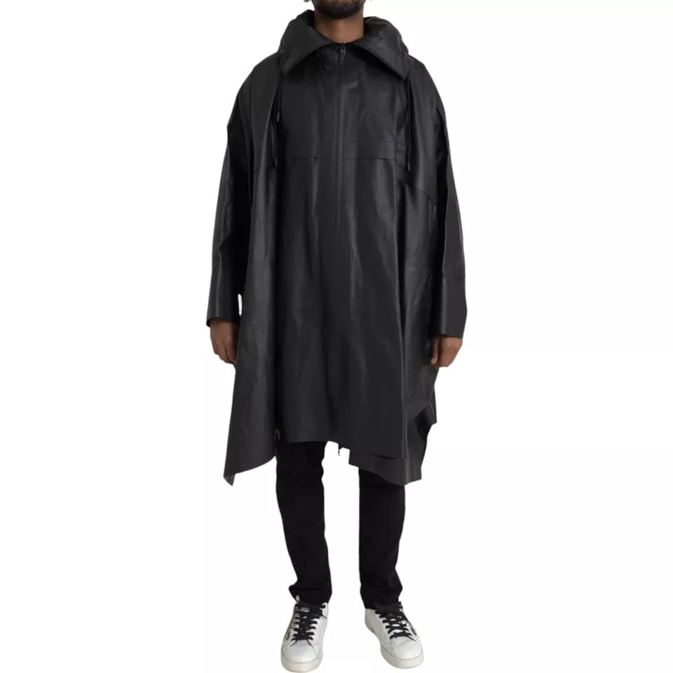 Bottega Veneta Schwarzes Leder Trenchcoat Jacke mit Kapuze