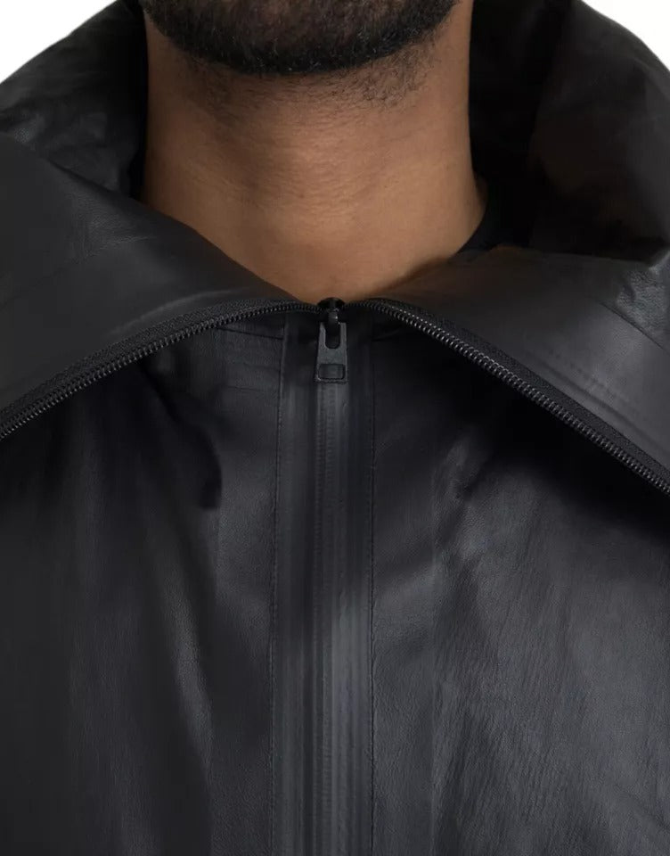 Bottega Veneta Schwarzes Leder Trenchcoat Jacke mit Kapuze