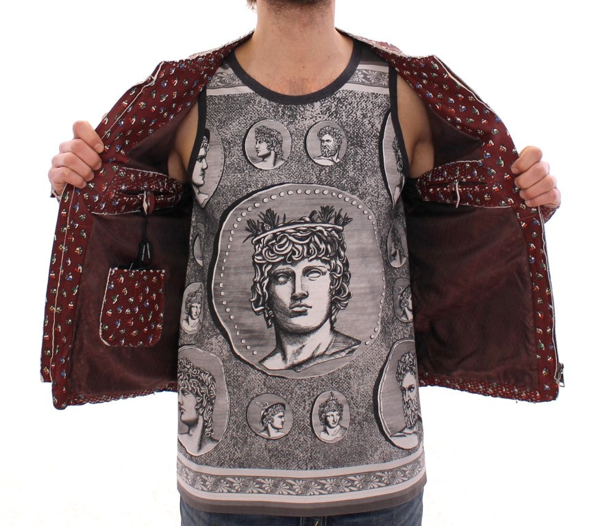 Dolce & Gabbana Bordeaux Leder Boxer Print Jacke Mantel