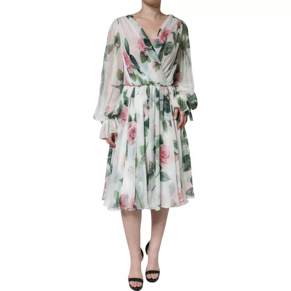 Dolce & Gabbana Weißes Midikleid mit Blumendruck aus Seide in A-Linie