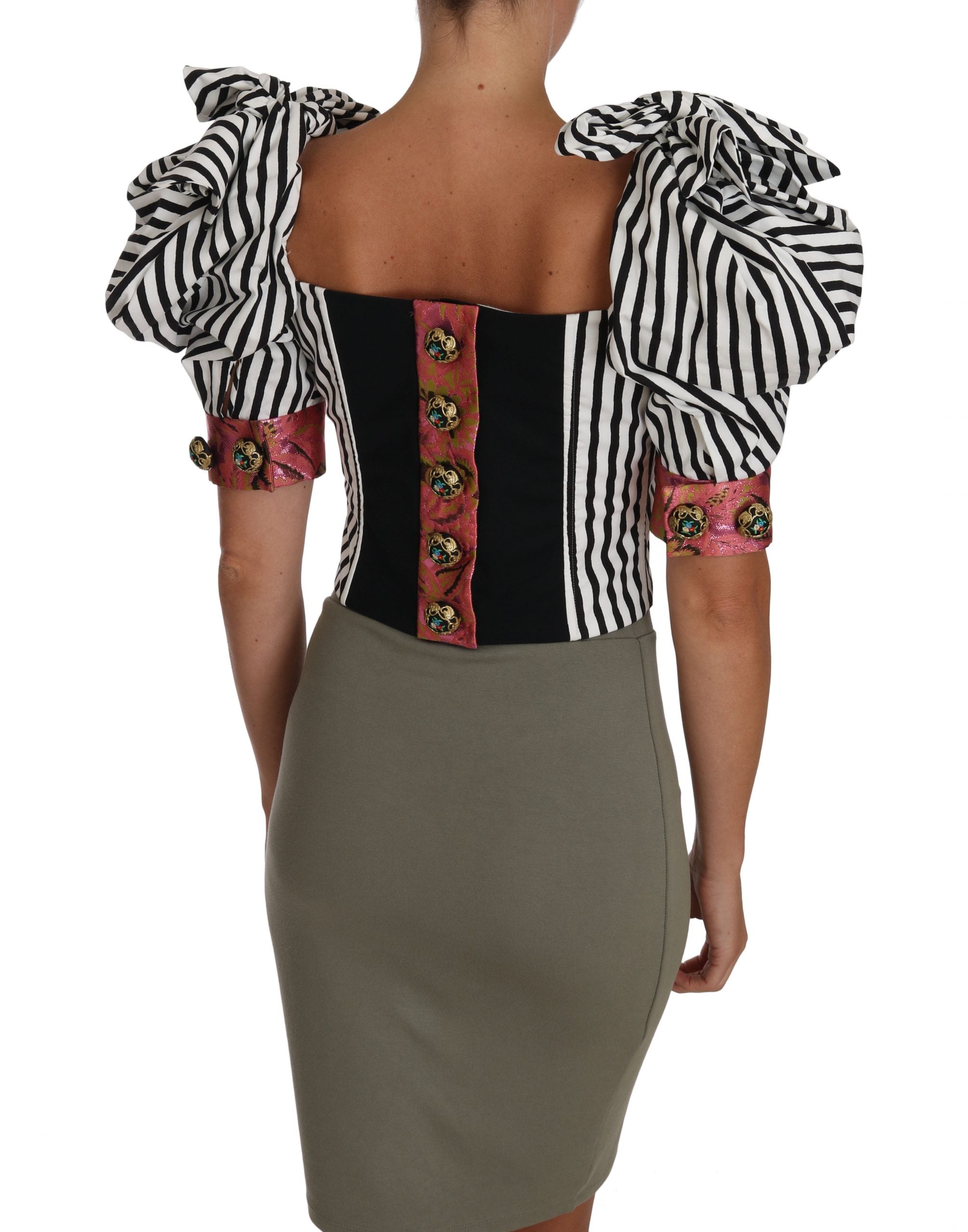 Dolce & Gabbana Weiß Schwarz Gestreiftes Cropped Top Puffärmel Hemden
