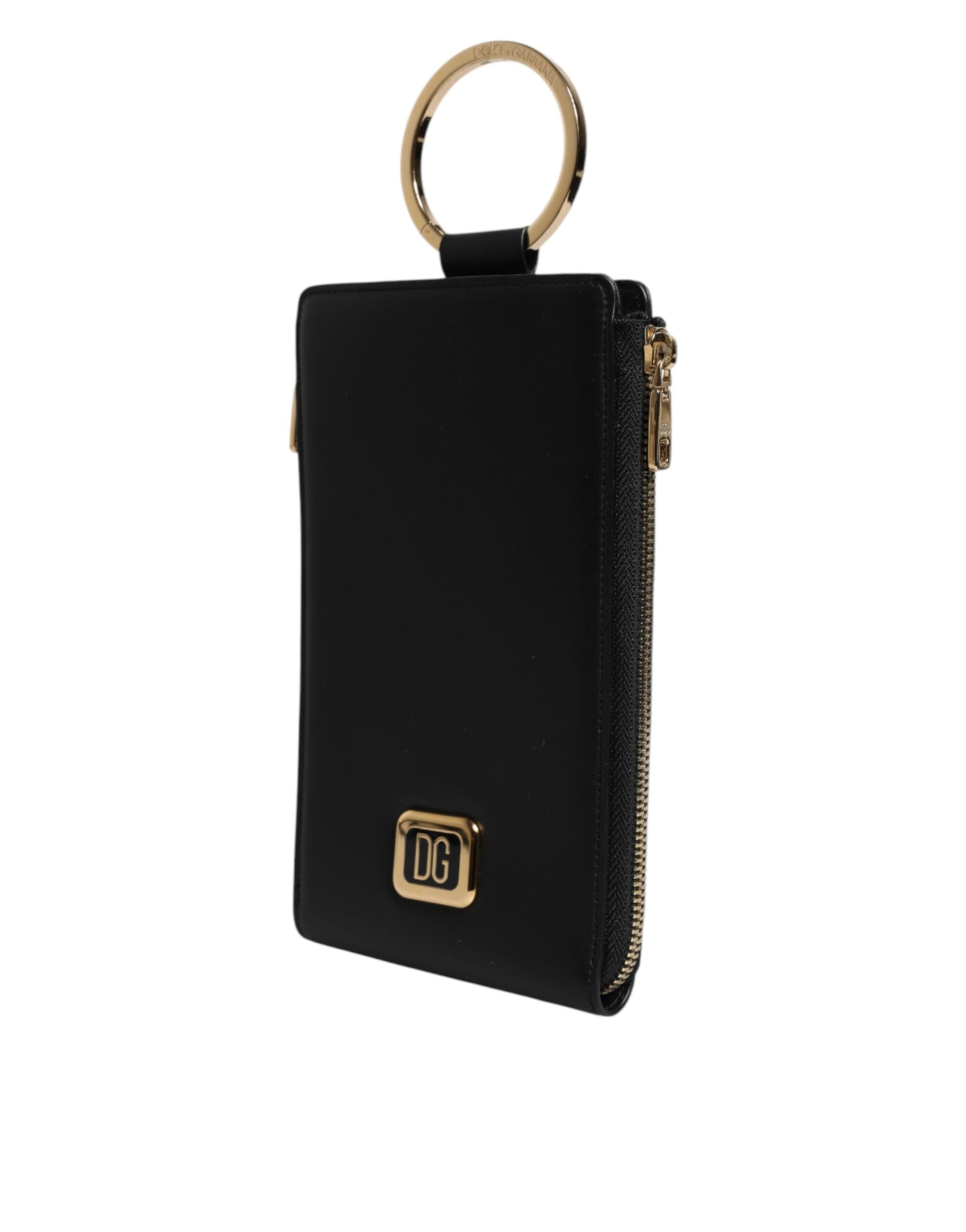 Dolce & Gabbana Schwarzes Leder Logo Plaque Halsband Karte Münze Brieftasche