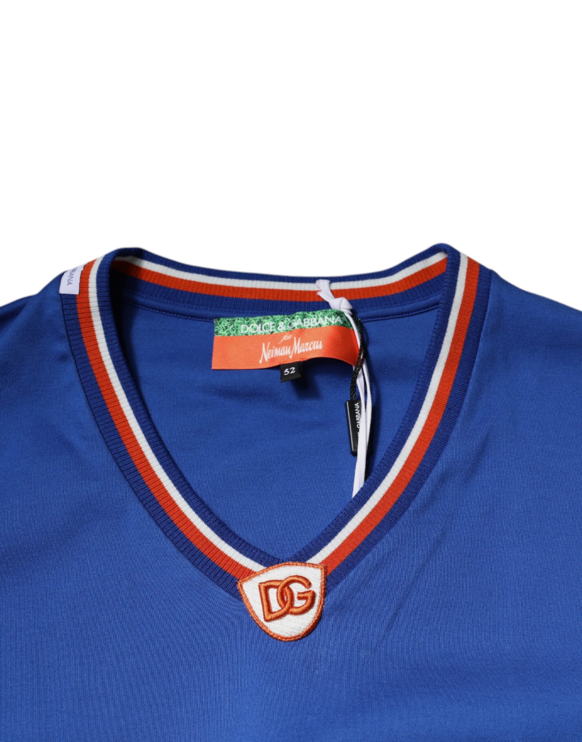 Dolce & Gabbana Blaues Logo-T-Shirt mit V-Ausschnitt und kurzen Ärmeln