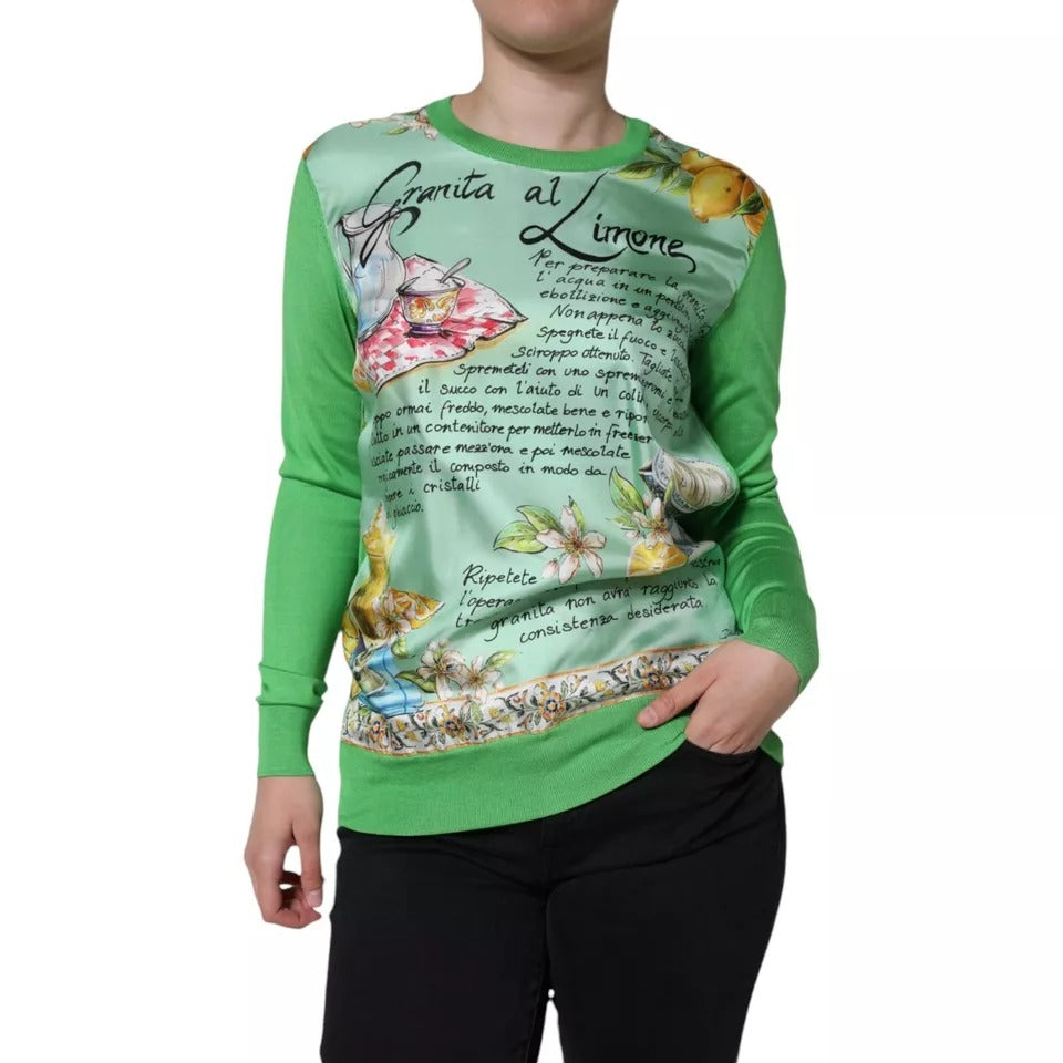 Dolce & Gabbana Grüner Seidenpullover Granita Al Limone mit langen Ärmeln
