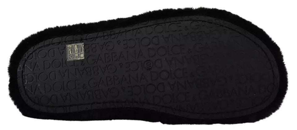Dolce & Gabbana Schwarz Polyester Kunstfell Herren Flats Sandalen Schuhe