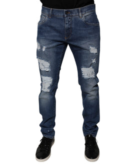 Dolce & Gabbana Blaue zerrissene Skinny Denim Jeans aus Baumwolle
