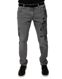 Dolce & Gabbana Graue Skinny Denim-Jeans mit Grafikdruck aus Baumwolle