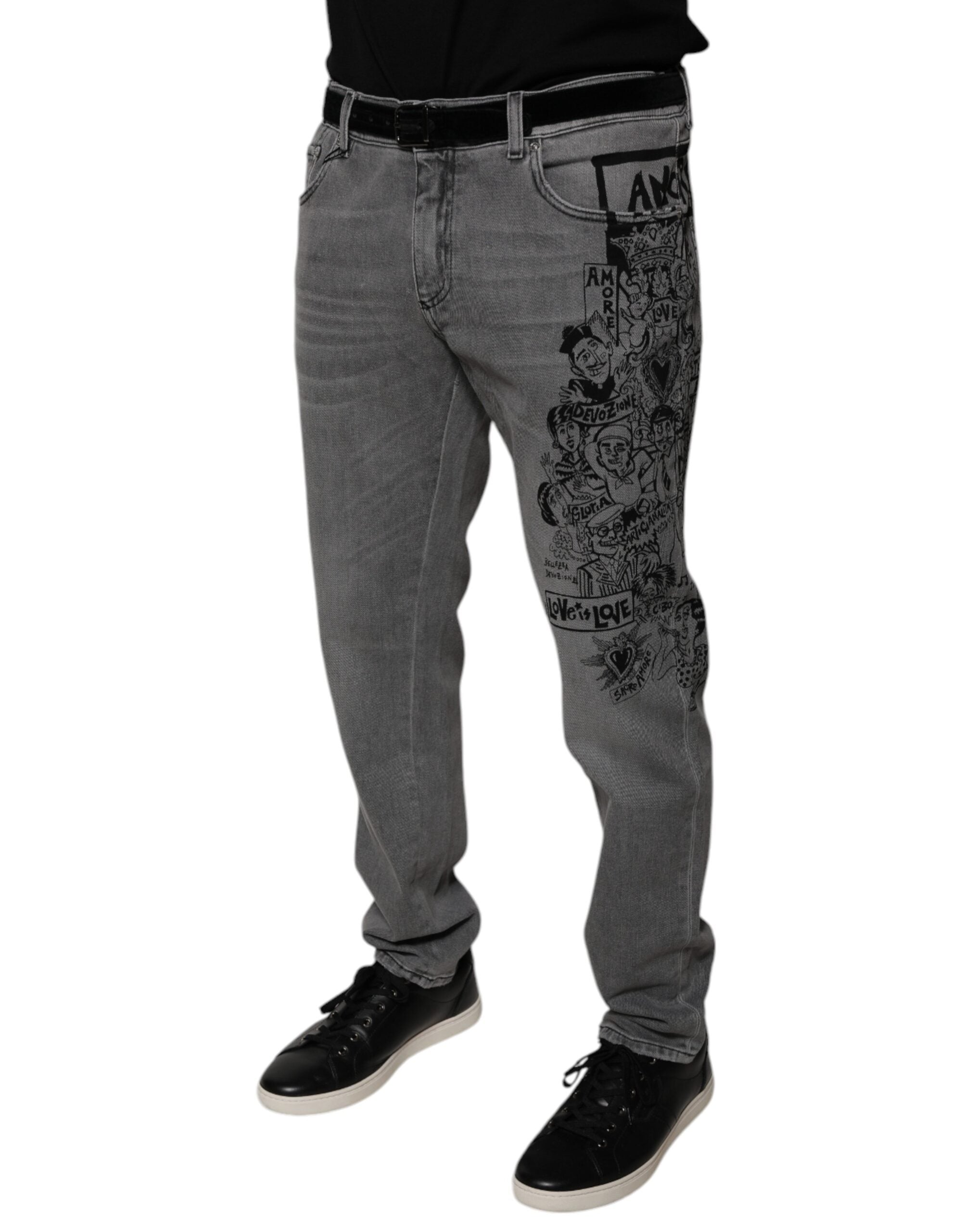 Dolce & Gabbana Graue Skinny Denim-Jeans mit Grafikdruck aus Baumwolle