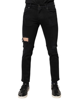 Dolce & Gabbana Schwarze Baumwoll-Skinny-Denim-Jeans mit Logo, zerschlissen