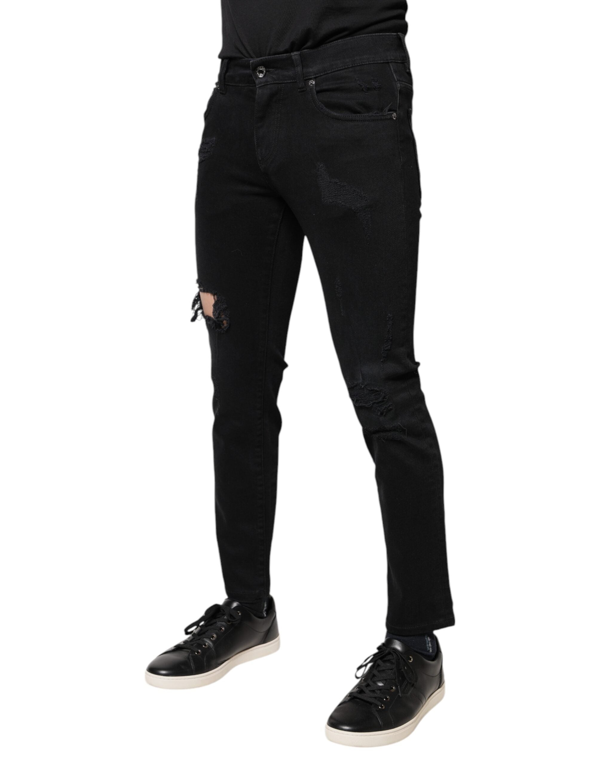 Dolce & Gabbana Schwarze Baumwoll-Skinny-Denim-Jeans mit Logo, zerschlissen