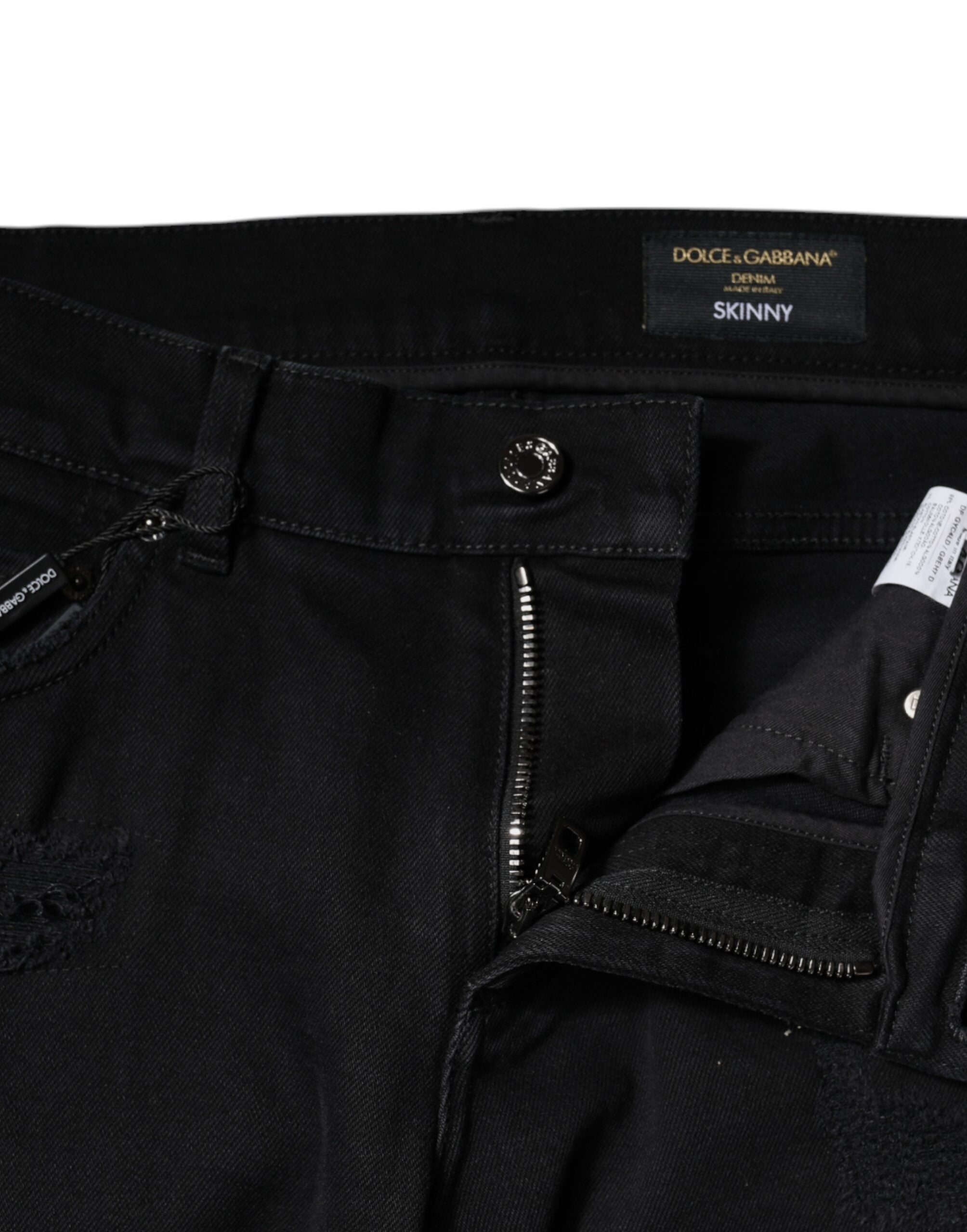 Dolce & Gabbana Schwarze Baumwoll-Skinny-Denim-Jeans mit Logo, zerschlissen