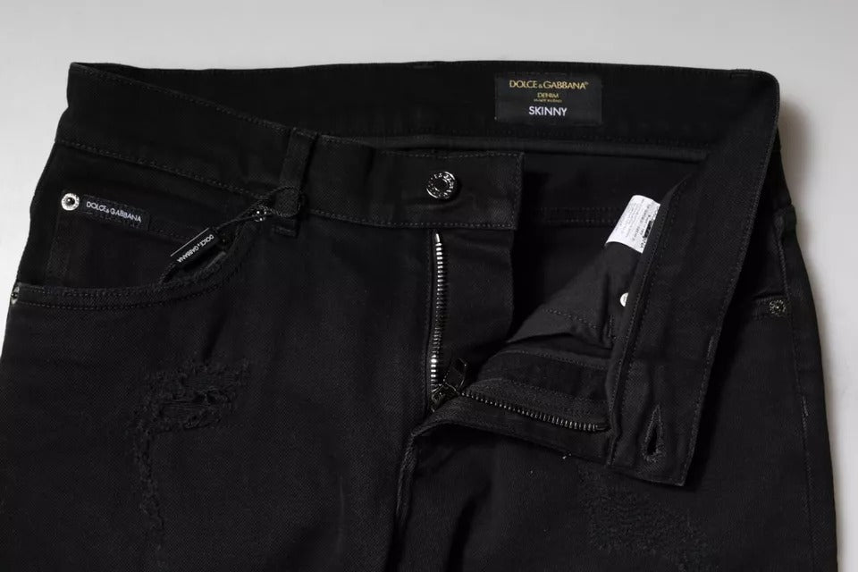 Dolce & Gabbana Schwarze Baumwoll-Skinny-Denim-Jeans mit Logo, zerschlissen