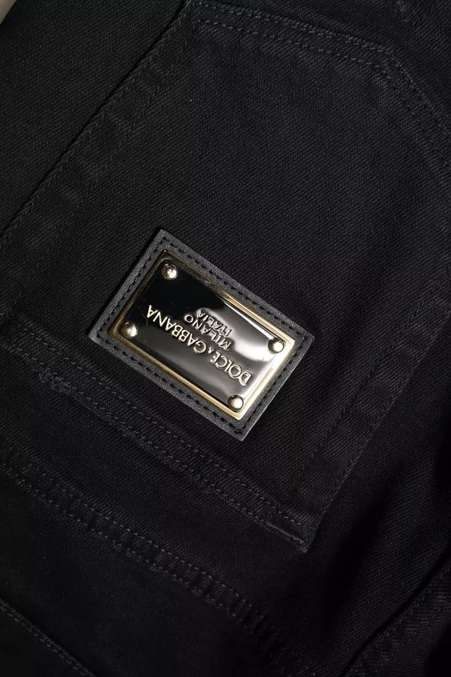 Dolce & Gabbana Schwarze Baumwoll-Skinny-Denim-Jeans mit Logo, zerschlissen