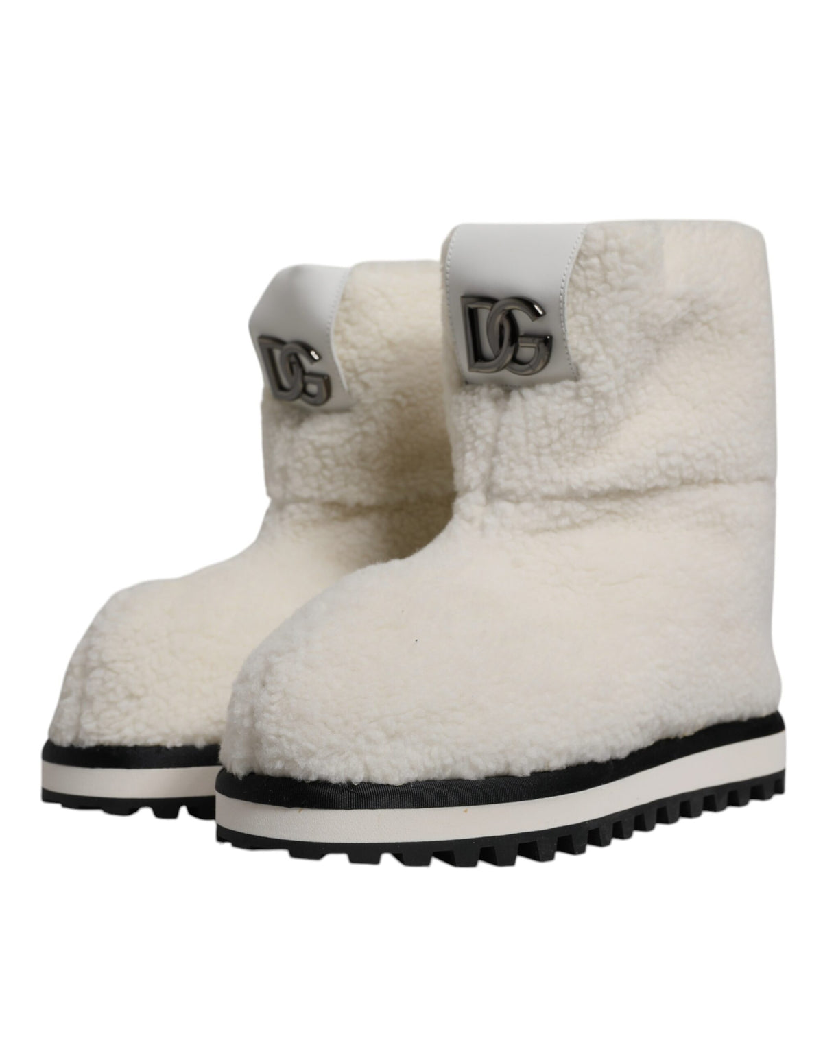 Dolce & Gabbana Weiße Plüsch Logo Gepolsterte Mittlere Wadenstiefel Schuhe