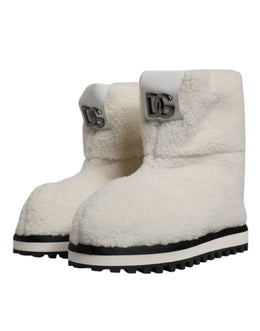 Dolce & Gabbana Weiße Plüsch Logo Gepolsterte Mittlere Wadenstiefel Schuhe