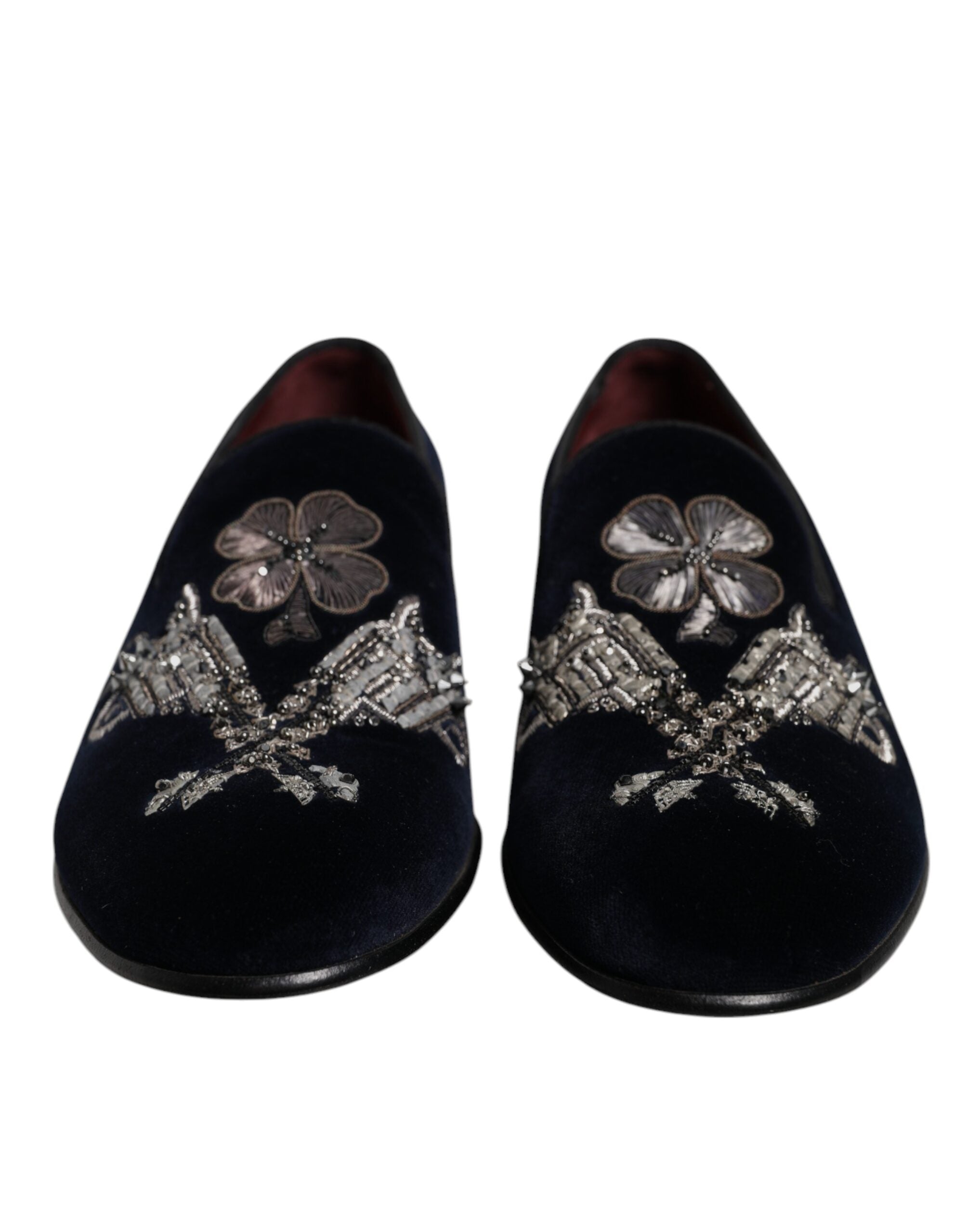 Dolce & Gabbana Schwarz Samt Floral Gun Loafers Kleid Schuhe