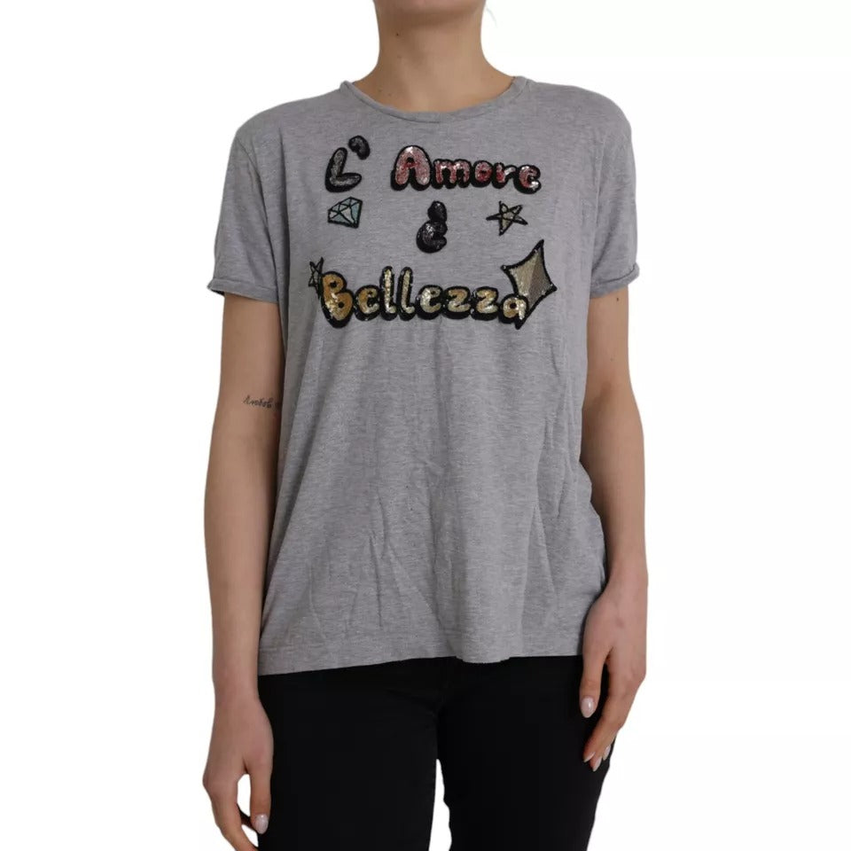 Dolce & Gabbana Graues Baumwoll-T-Shirt L'Amore E'Bellezza Top