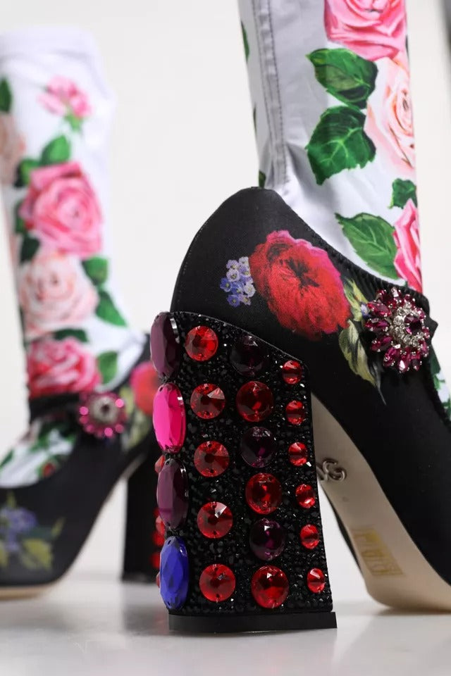 Dolce & Gabbana Schwarz Floral Socken Kristall Stiefel Jersey Schuhe