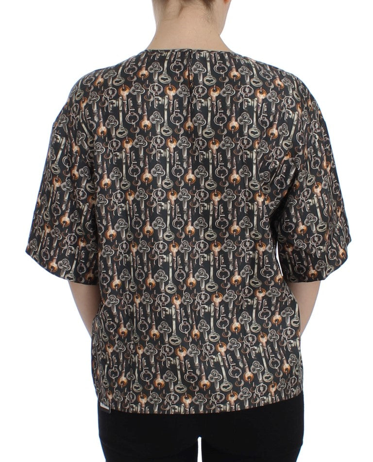 Dolce & Gabbana Graue Seidenbluse mit Goldschlüssel-Druck T-shirt