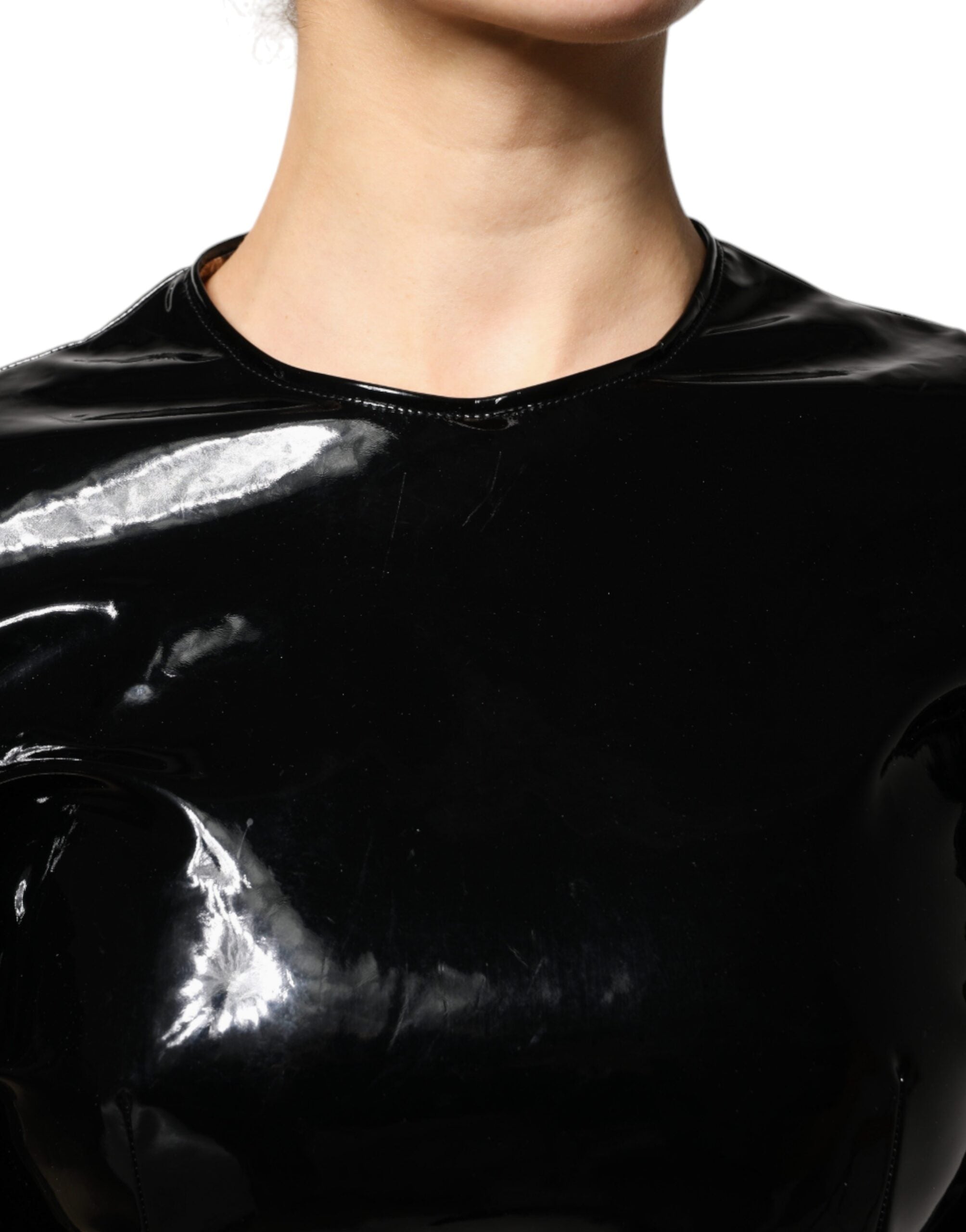 Dolce & Gabbana Schwarzes Lackleder Minikleid mit Puffärmeln