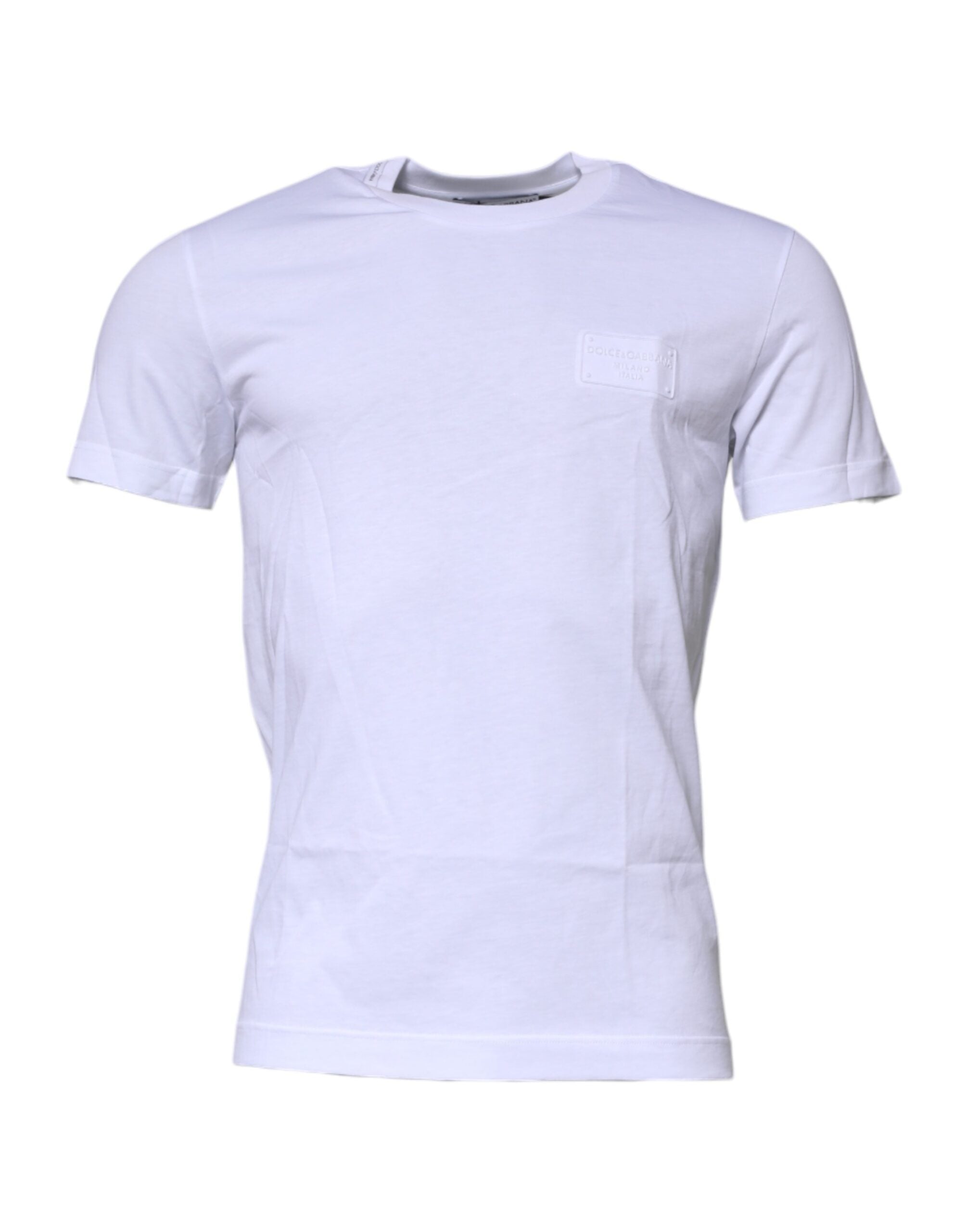 Dolce & Gabbana Weißes Baumwoll-T-Shirt mit Rundhalsausschnitt und Logo-Plakette