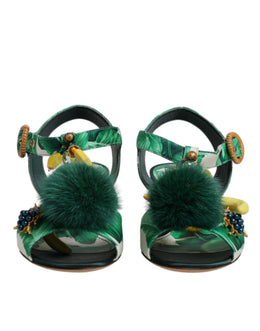 Dolce & Gabbana Grün Kristall Pelz verschönert Sandalen Schuhe