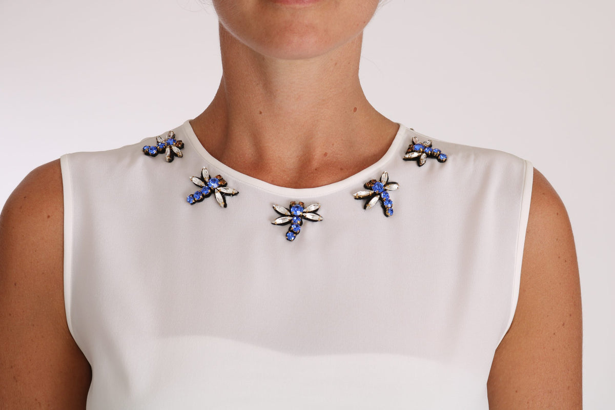 Dolce & Gabbana Weißes Seiden-T-Shirt mit Kristallverzierung und Fliege