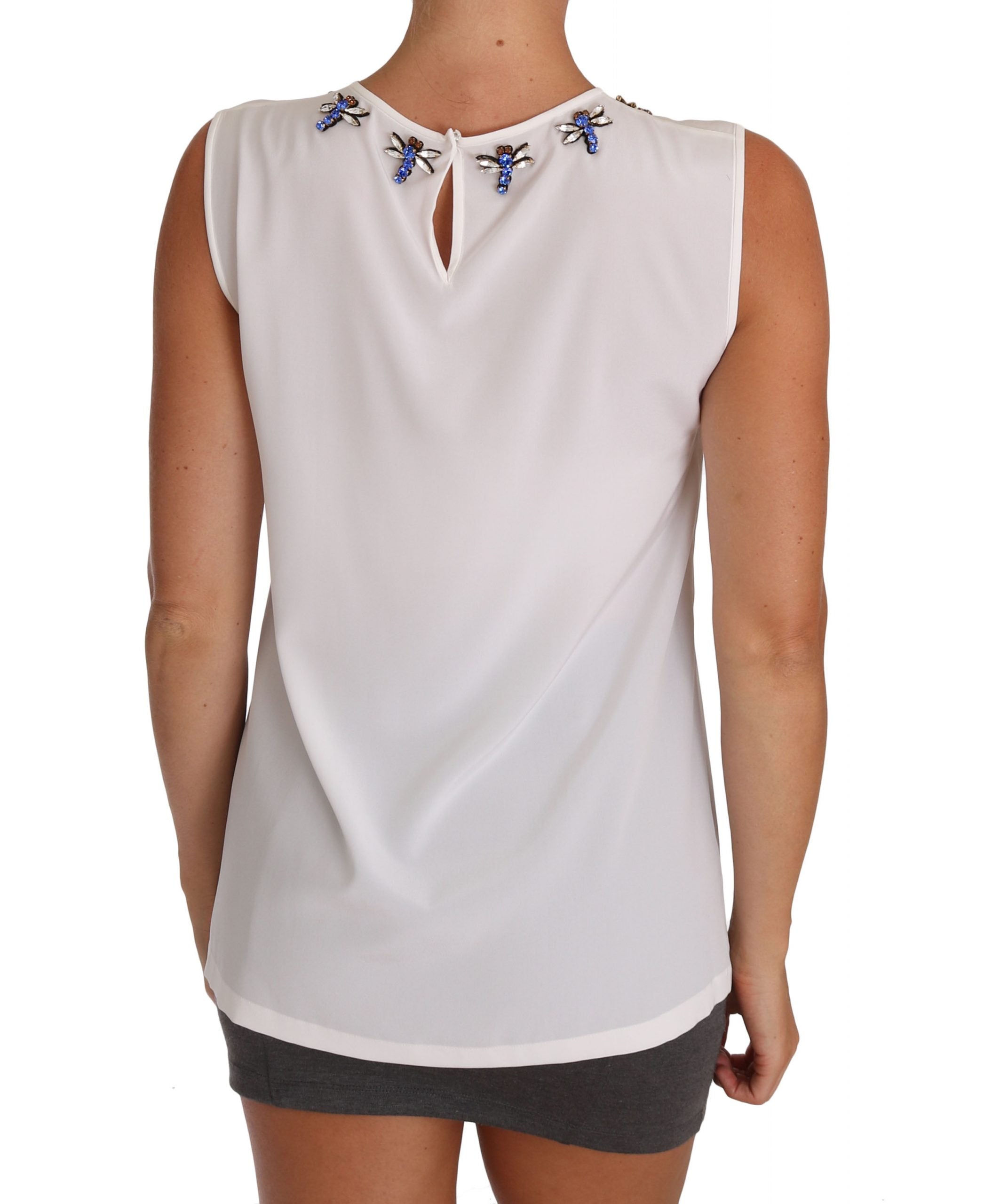Dolce & Gabbana Weißes Seiden-T-Shirt mit Kristallverzierung und Fliege