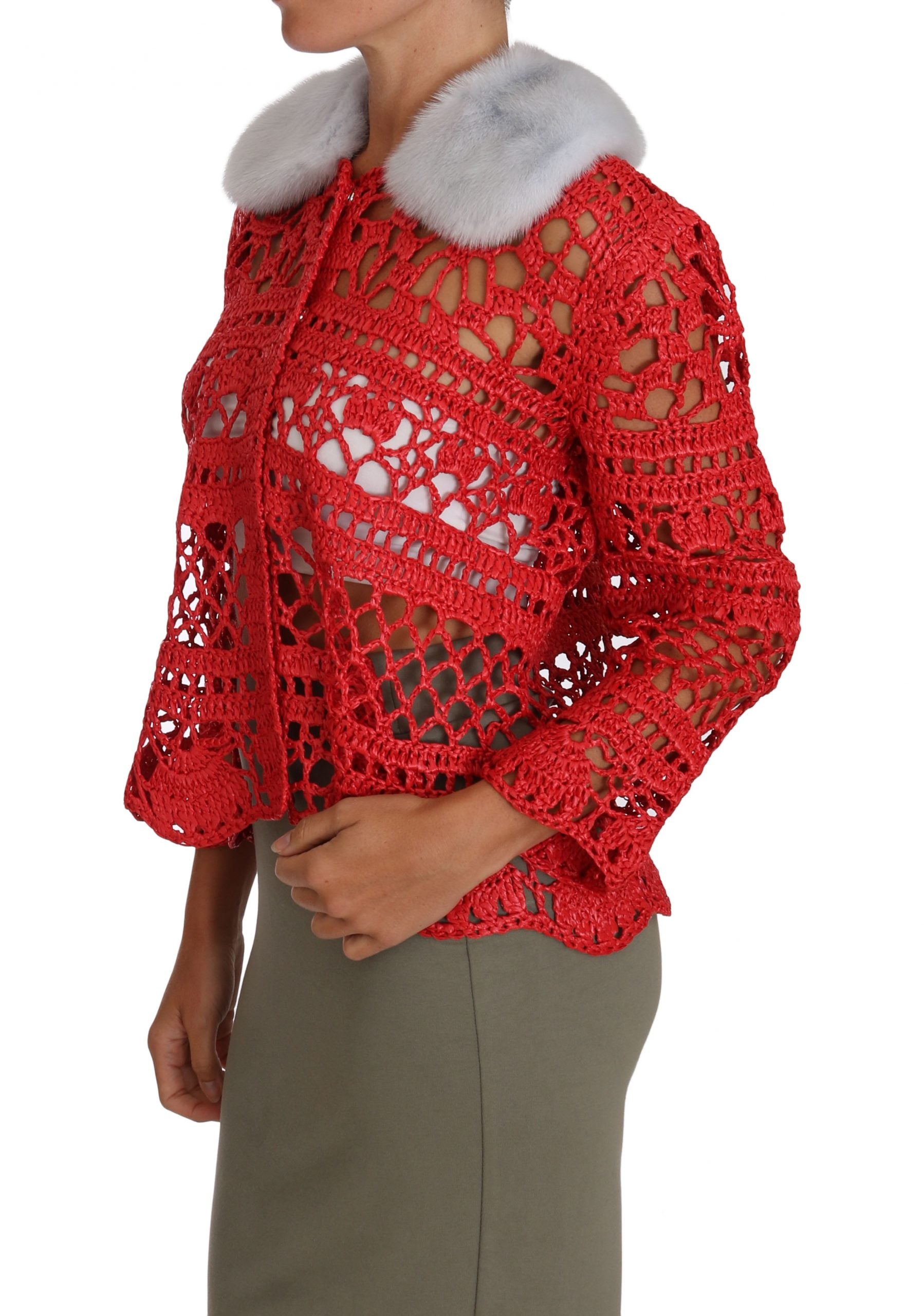 Dolce & Gabbana Rote Strickjacke gehäkelt gestrickt Raffia Pullover