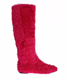 Dolce & Gabbana Rosa Lammfell Leder Flache Stiefel Schuhe