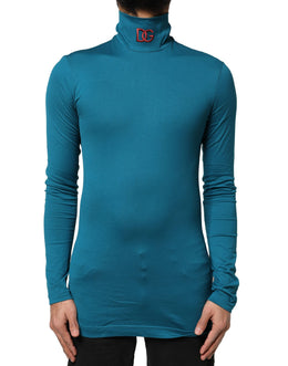 Dolce & Gabbana Blauer Baumwoll-Rollkragenpullover mit langen Ärmeln