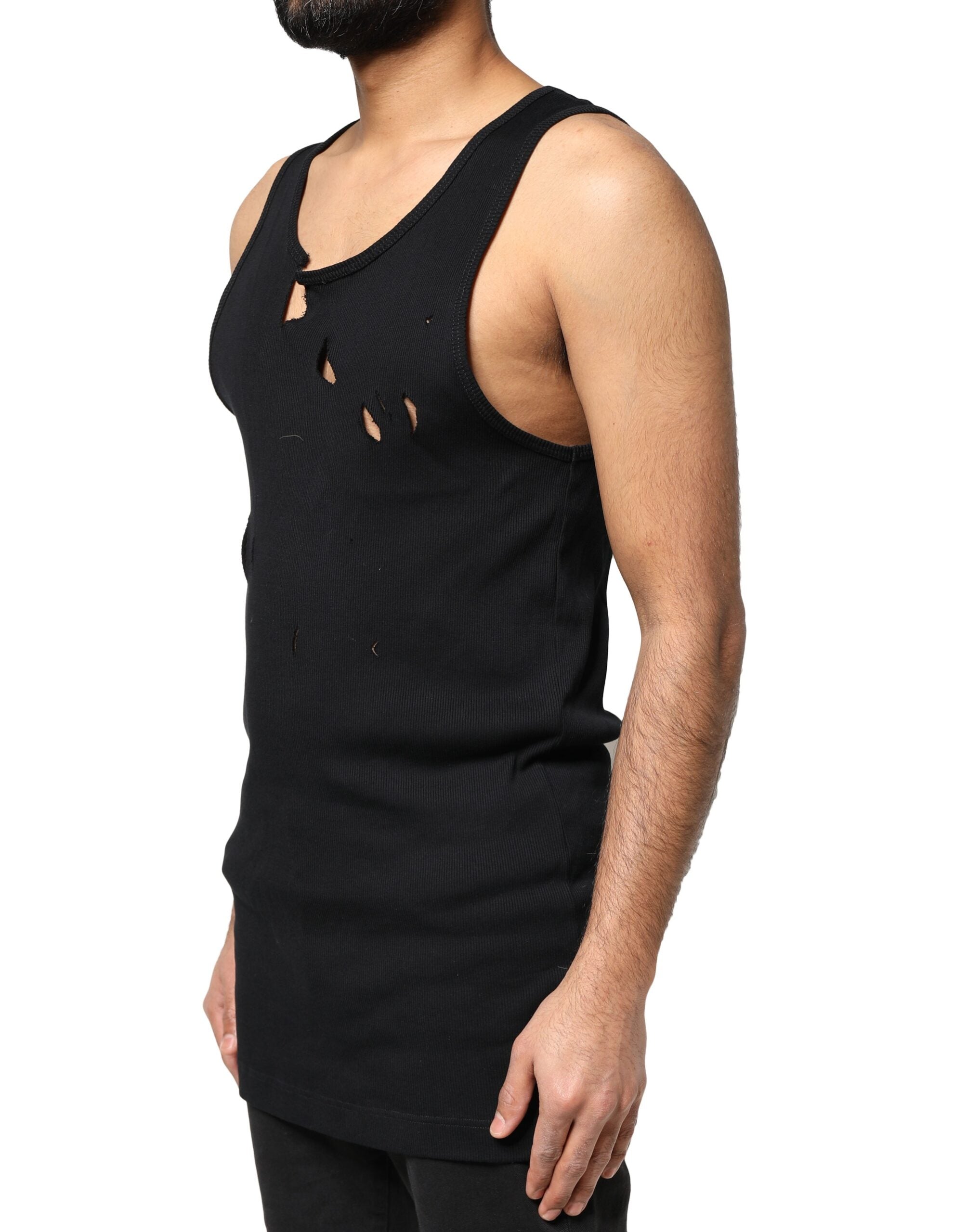 Dolce & Gabbana Schwarzes Baumwolle Rip Style ärmelloses Männer Tank T-Shirt