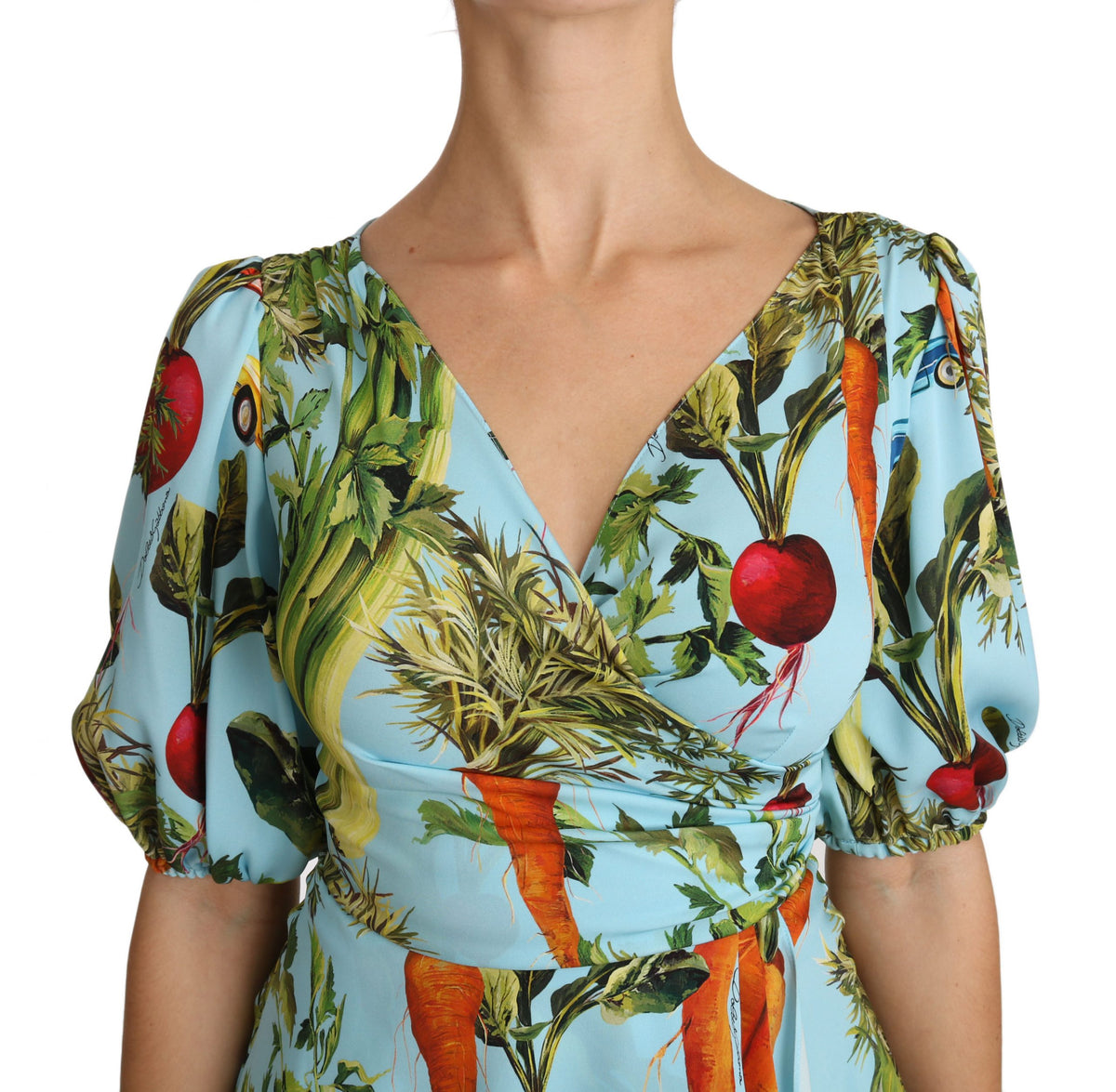 Dolce & Gabbana Mehrfarbiges Seidentop mit Gemüsedruck Schößchen-Wickelbluse